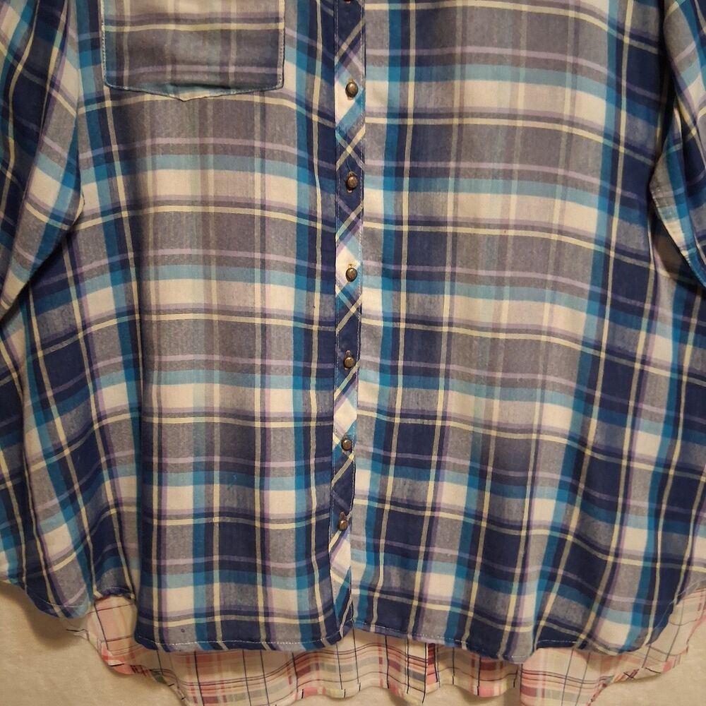 Soft Surroundings 3X Top Serena Button Front Sheer Back Embroidered Blue Boho - Picture 4 of 11